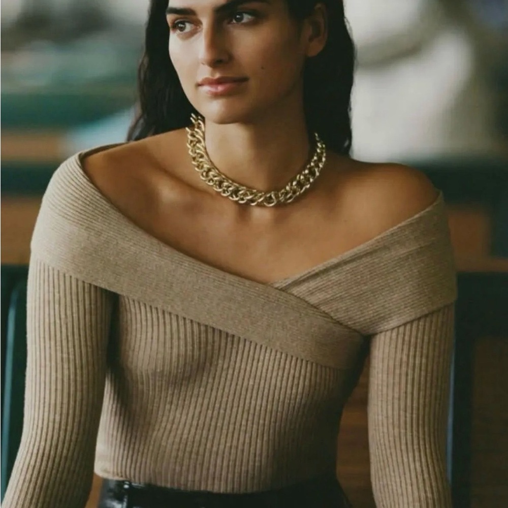 Anthropologie ribbed Tan Off-Shoulder Sweater